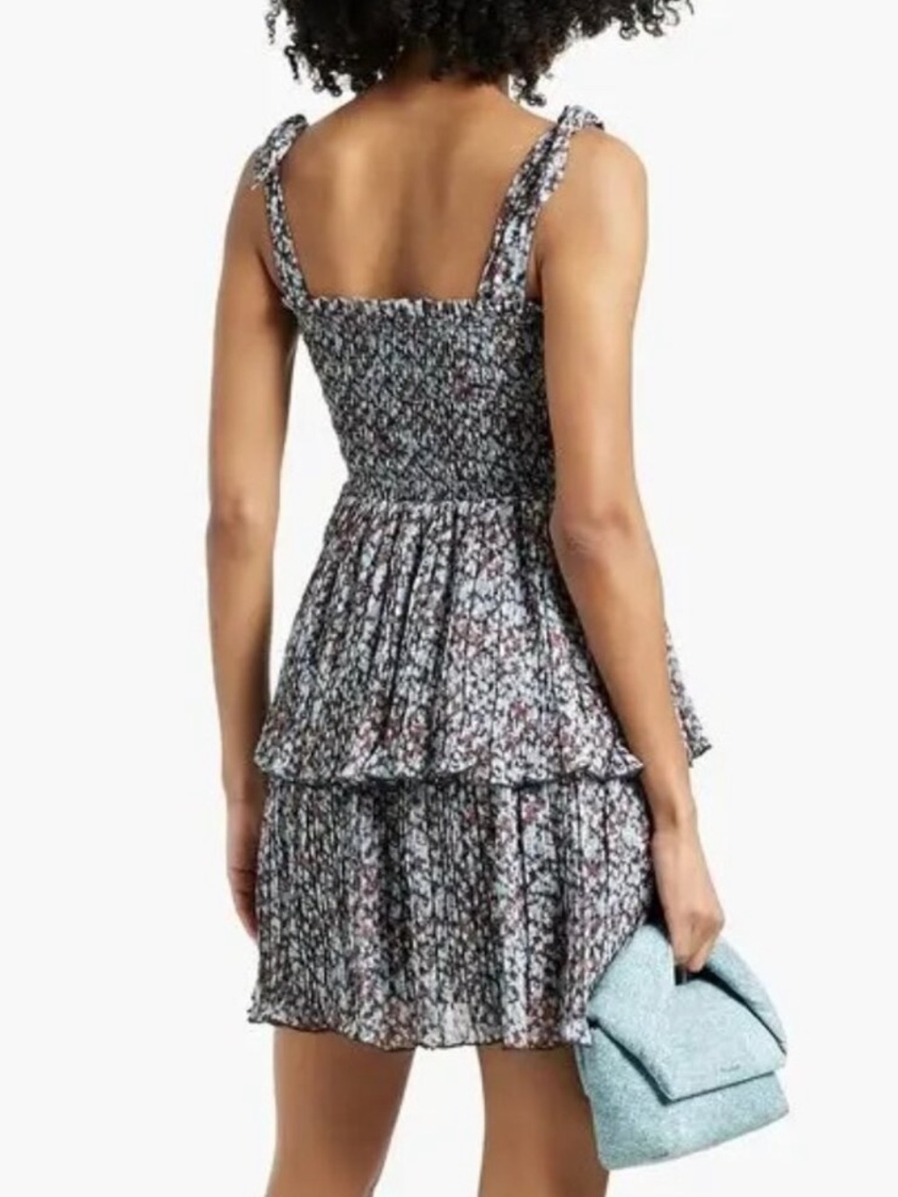 GANNI Printed Pleated Georgette Tie-Shoulder Smock Mini Dress Phantom Floral 38 - Picture 2 of 9